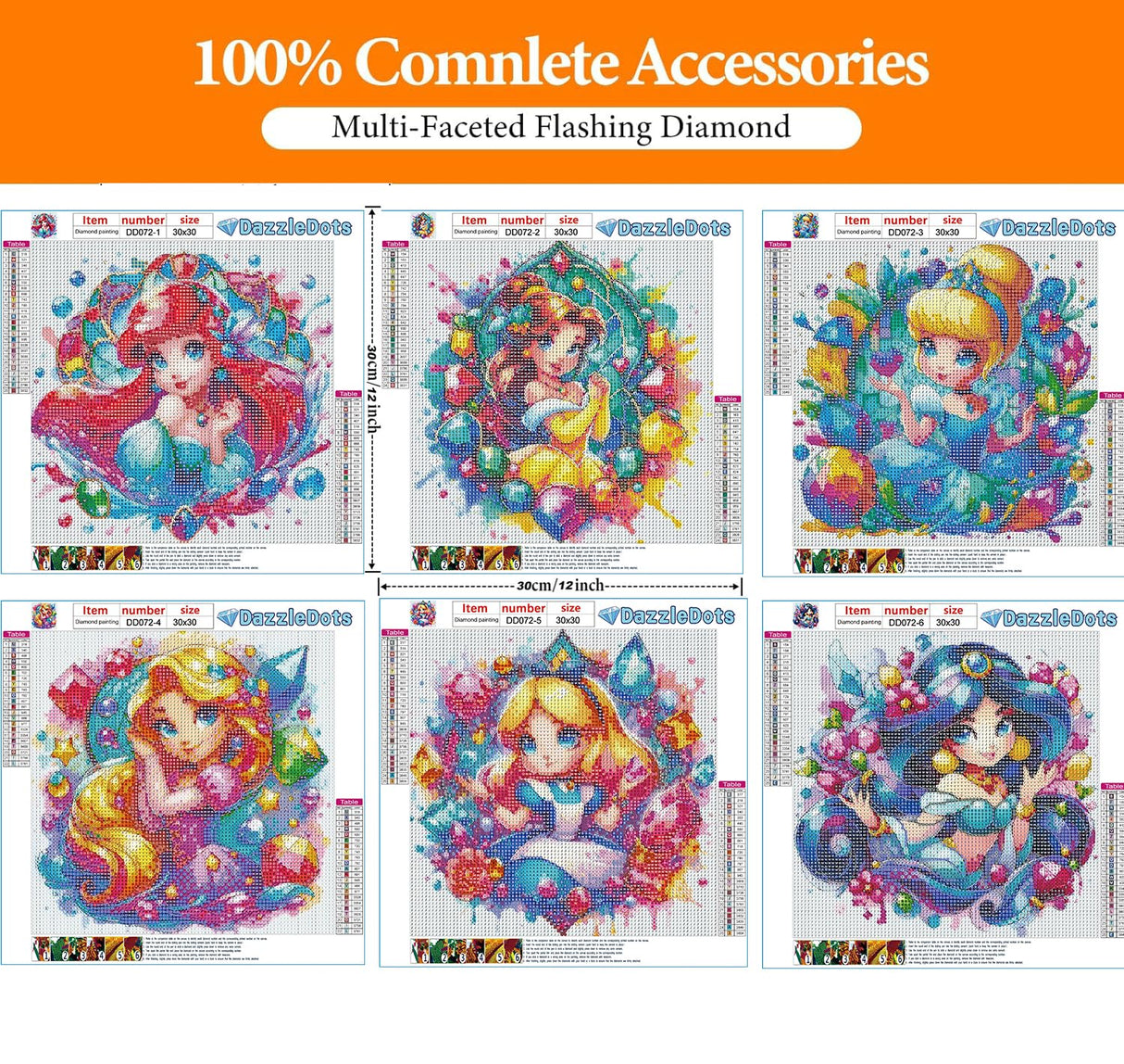 DAZZLEDOTS Diamond Art Kits for Adults, 6 Pack Cartoon Diamond Painting Kits for Beginner Princess DIY 5D Full Drill Diamond Dots Crafts for Home Wall Decor Gifts 12x12 Inch DAZZLEDOTS