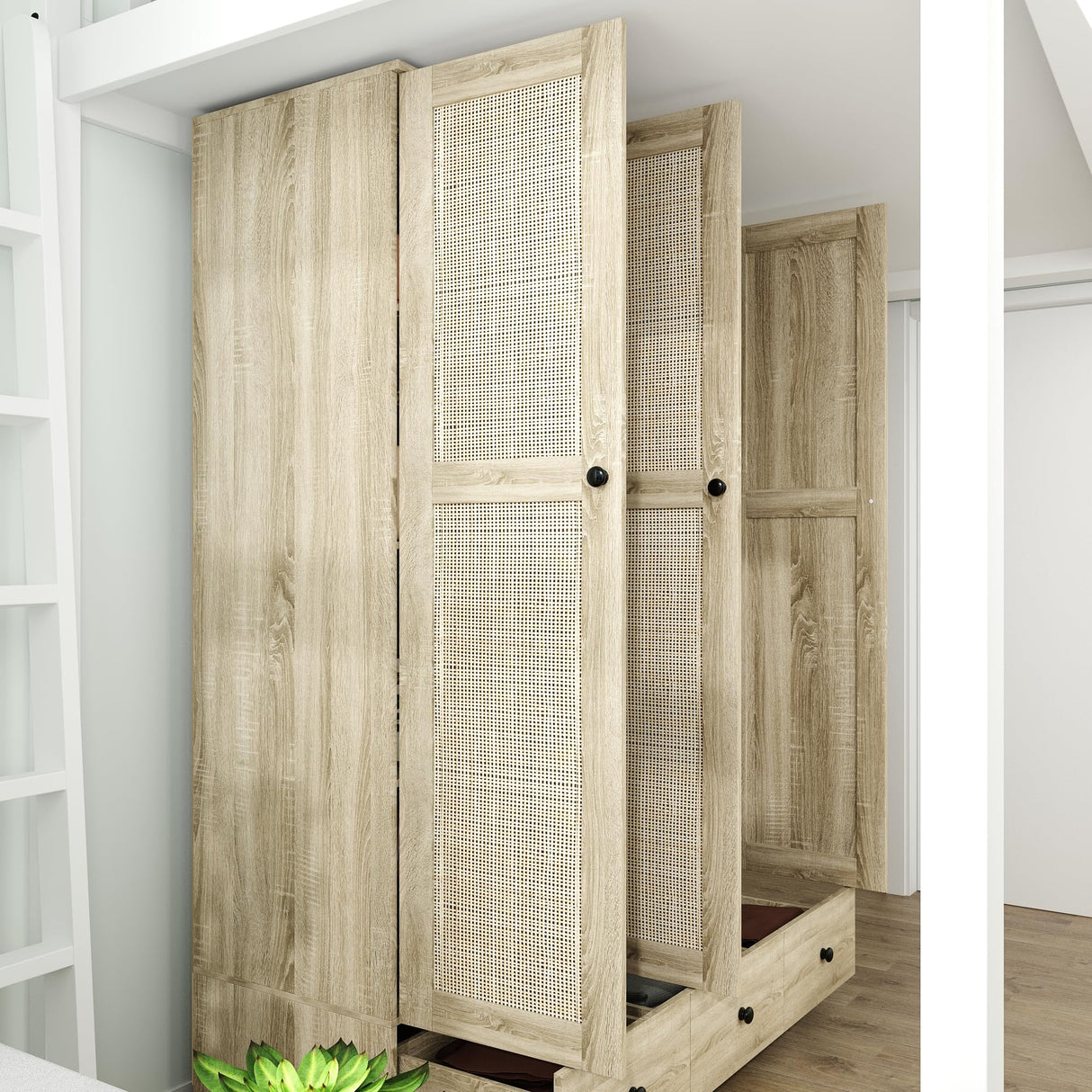 Hitow Ratten Wardrobe Armoire Closet, 3 Door Rattan Closet Wardrobe Cabinet with 3 Drawers & Hanging Rod, Storage Wardrobe Armoire Dresser for Bedroom Organizer (47.2" W x 18.9" D x 70.9" H) Hitow