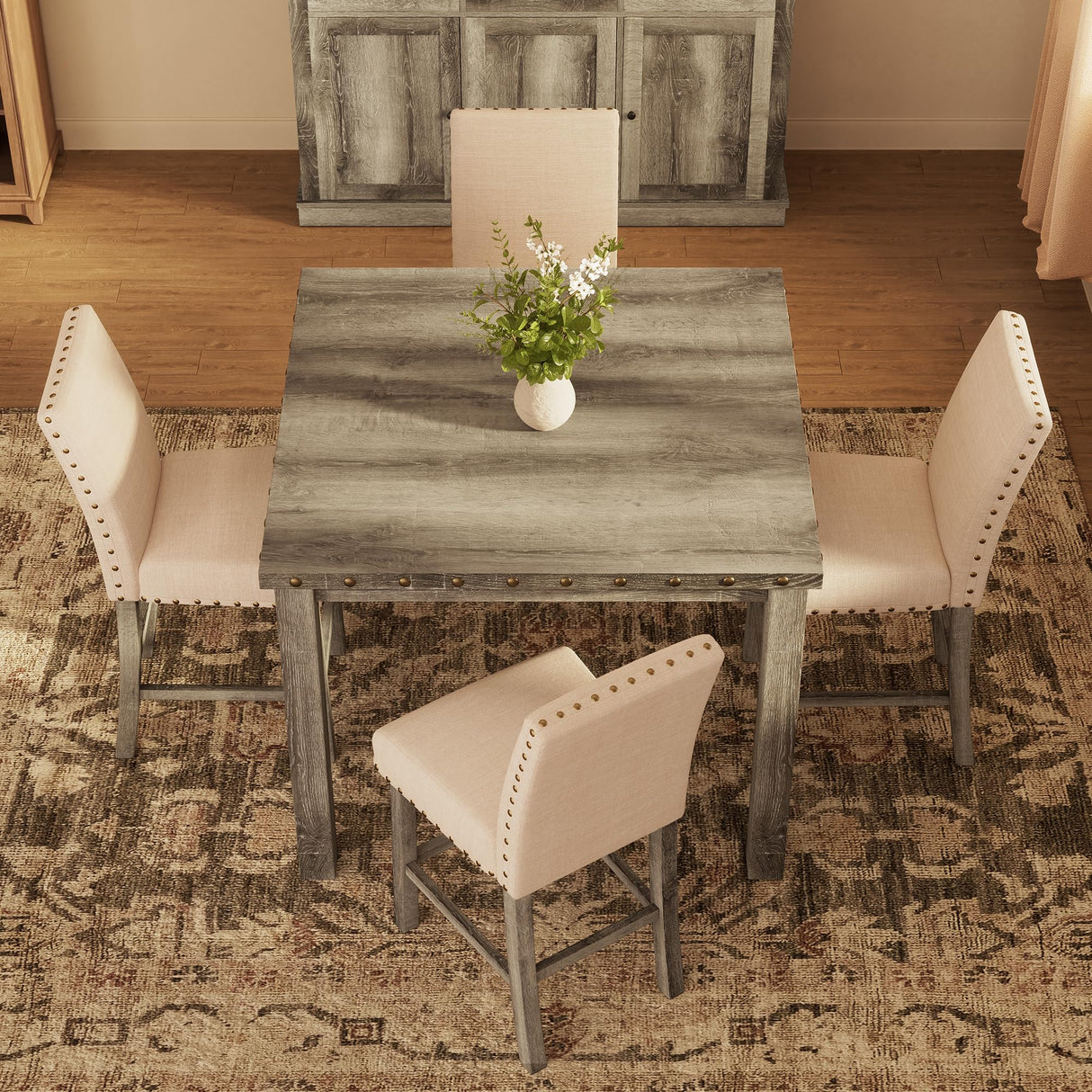 Farati 42 inch Counter Height Dining Table for 4-6 People, Farmhouse Dining Table with Rubberwood Leg, Rustic Square Bar Table for Dining Room, Kitchen Island Farati