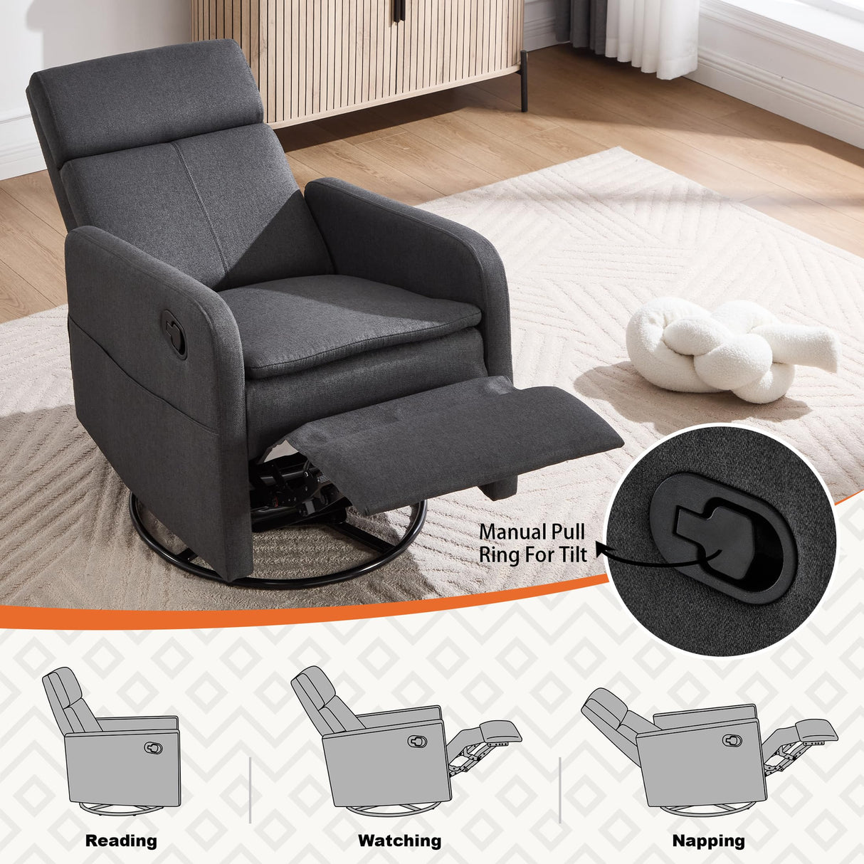 Ketaiyou Swivel Rocking Recliner Chair for Adults, Rocker Nursery Glider Chair for Living Room Bedroom, Upholstered Fabric Reclining Single Sofa Chair(Grey) Ketaiyou