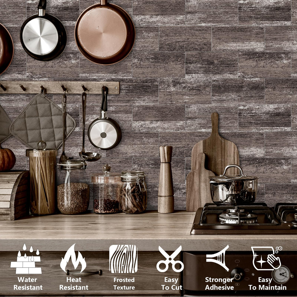URCOLOR 32-Piece Peel and Stick Backsplash Wall Tile, 4"x 8" PVC Distressed Rustic Tan Wood Stick on Tiles for Kitchen, Bathroom, Laundry Room, Camper, Fireplace URCOLOR