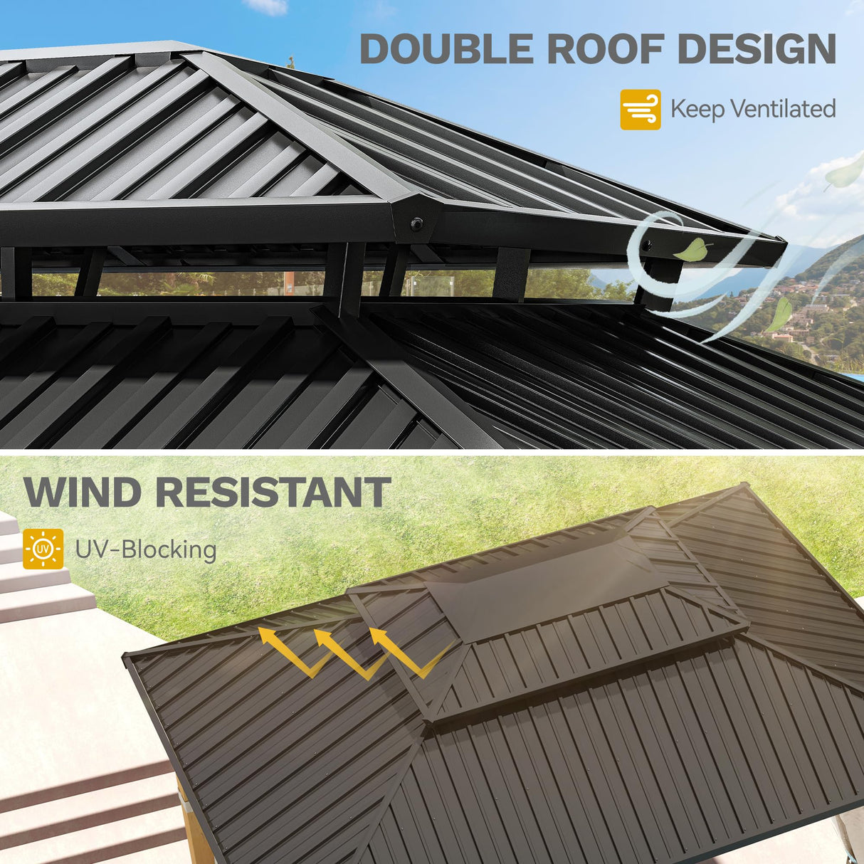 DWVO 13X15FT Gazebo Wood Outdoor Wooden Frame Double Roof Hardtop Galvanized Steel Top Canopy w/Curtain and Netting, Patio Heavy Duty for Deck, Backyard, Beige Yellow DWVO