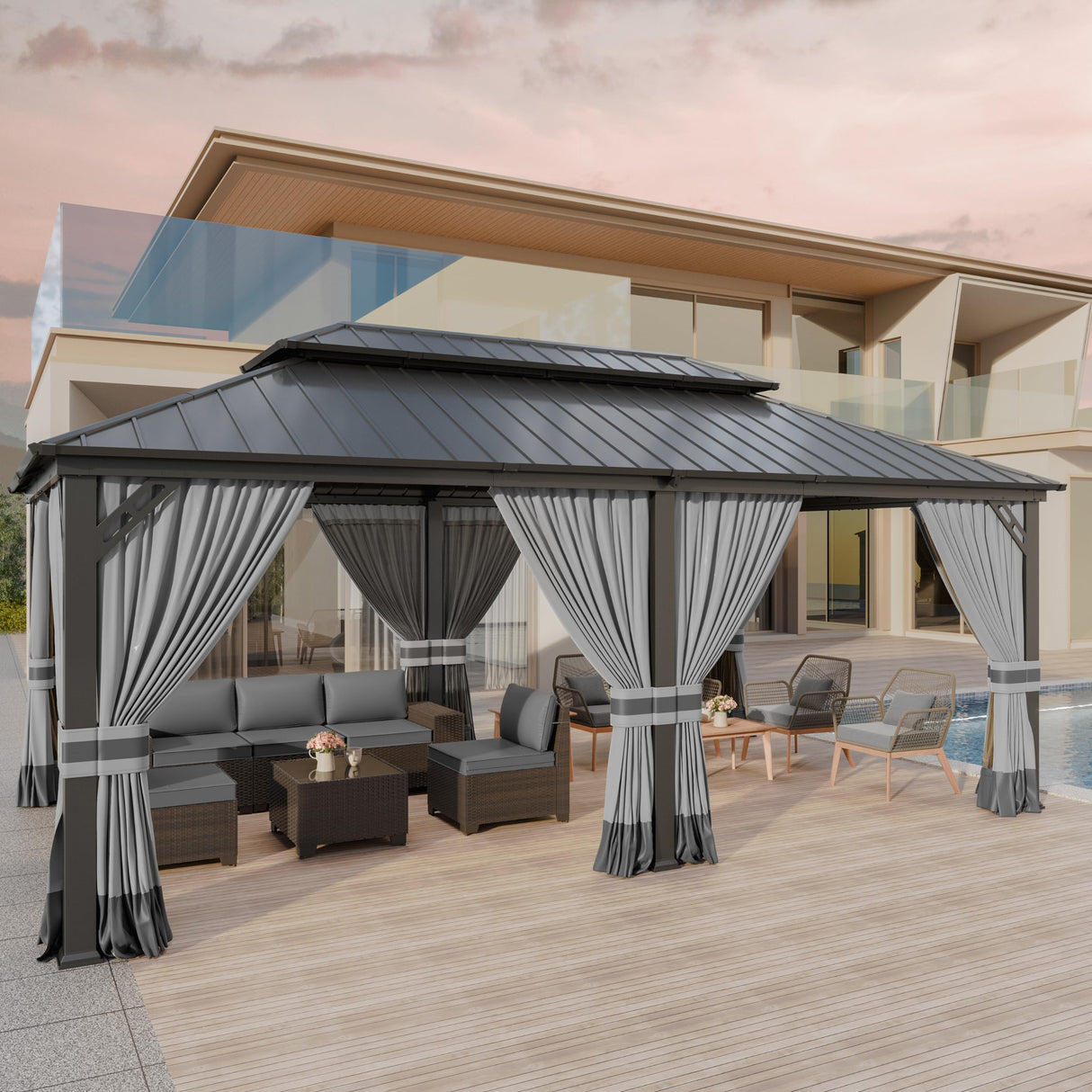 Kurapika 12' x 20' Hardtop Gazebo, Outdoor Metal Gazebo with Galvanized Steel Double Roof Canopy, Curtain and Netting, Aluminum Permanent Pavilion Gazebo for Patio, Backyard, Lawn, Grey Kurapika