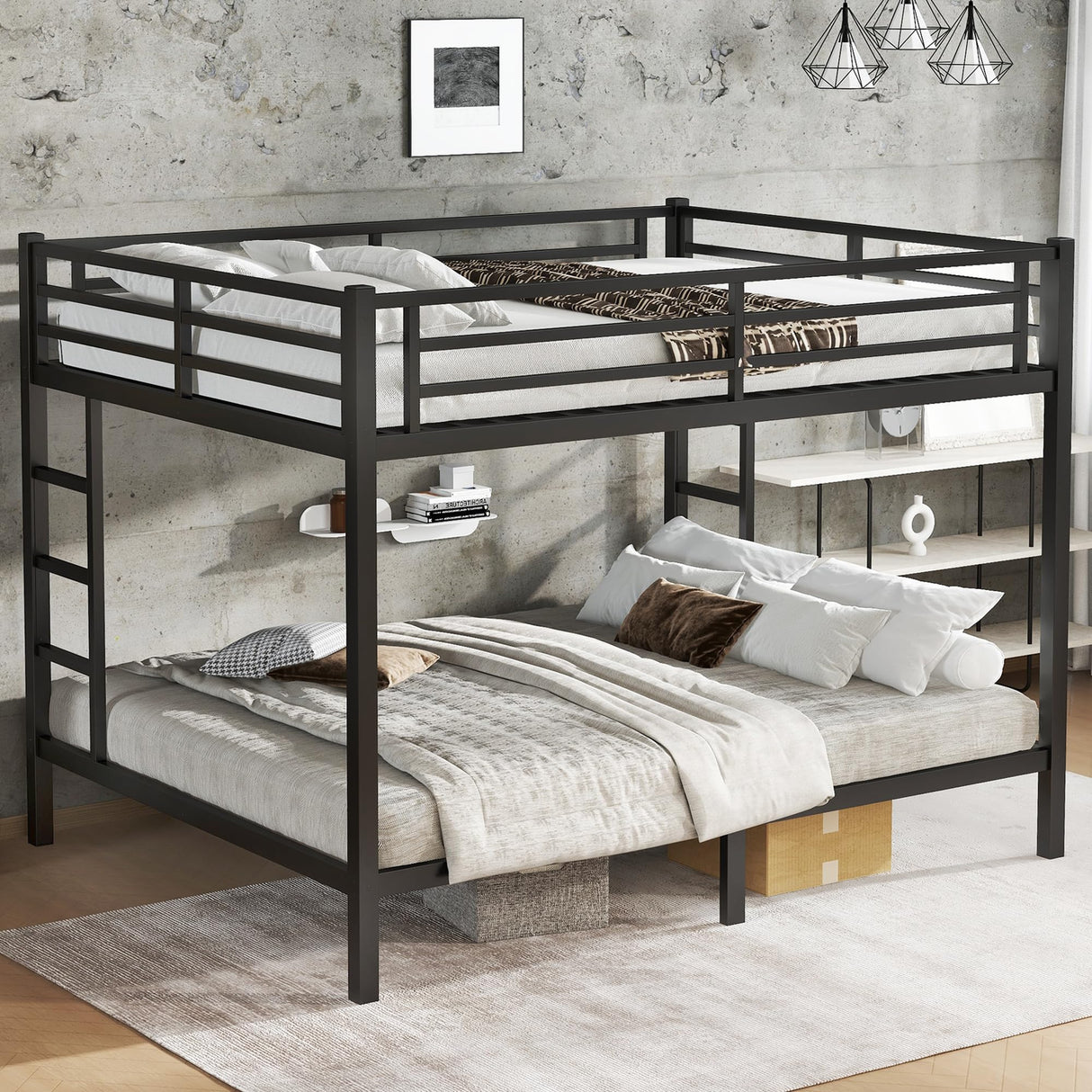 Bellemave Queen Over Queen Bunk Bed for Adults Teens, Metal Queen Bunk Bed with 2 Ladder & Safety Guardrails Heavy Duty Queen Size Bunk Beds with Noise-Reducing Rubber Stoppers, Easy Assemble, Black Bellemave
