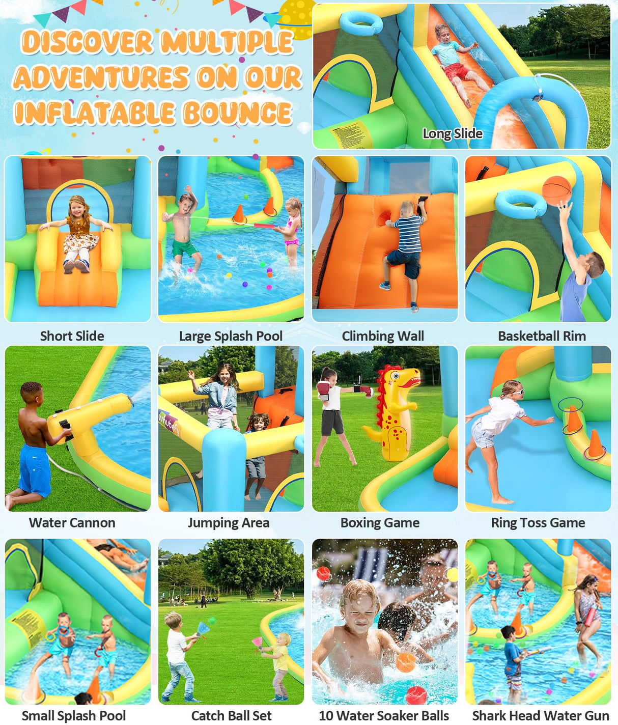 Whubefy 12.8x12FT Water Bounce House for Kids, 13-in-1 Inflatable Water Park with Catch Ball Set/Punching Bag/Toss Rings/Water Soaker Balls/Splash Pool/Water Cannon/Climbing Wall/Basketball Hoop Whubefy