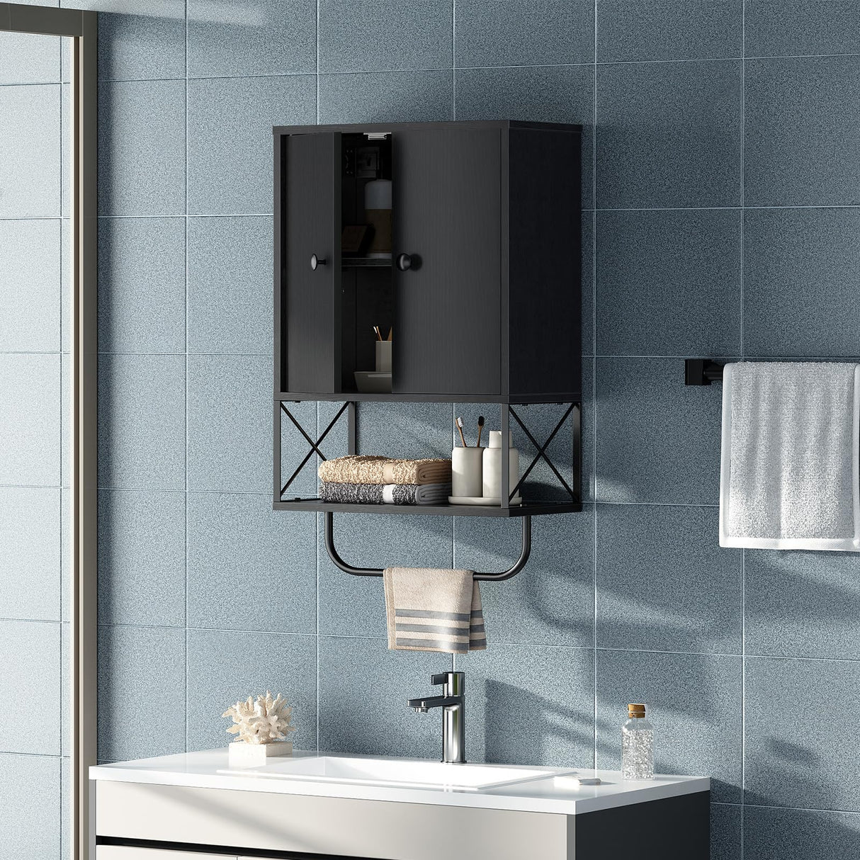 MAHANCRIS Bathroom Wall Cabinet with 2 Door and Adjustable Shelf, Farmhouse Medicine Cabinet with Towel Rack, 3-Tier Wall Mounted Storage Cabinet Over The Toilet for Bathroom Laundry Room, Black MAHANCRIS