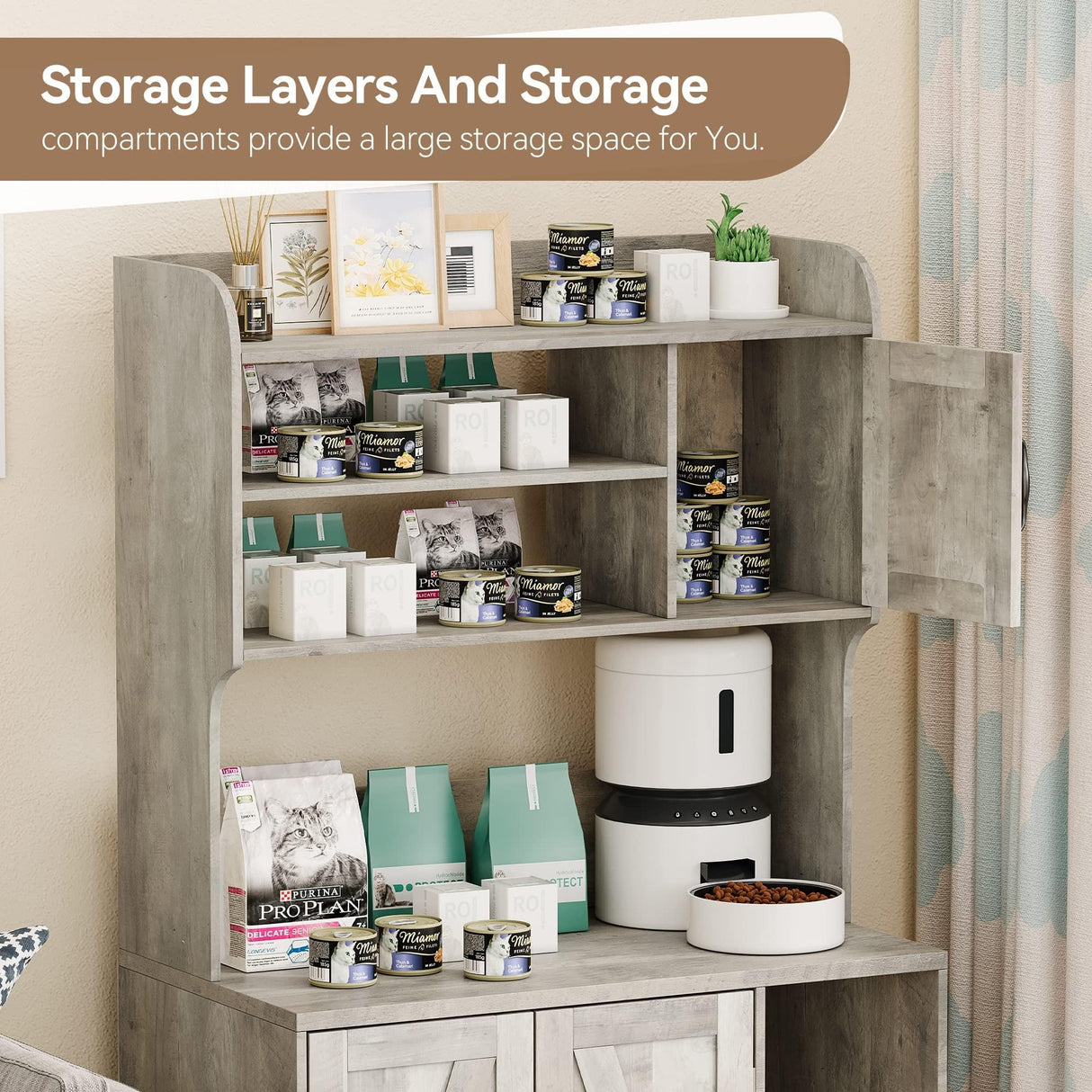 GarveeLife Cat Litter Box Enclosure with Shelves, Litter Box Cabinet,Hidden Cat Box Furniture with Scratching Mat,Wood Sturdy Cat Washroom Storage, Indoor Cat House,White GarveeLife