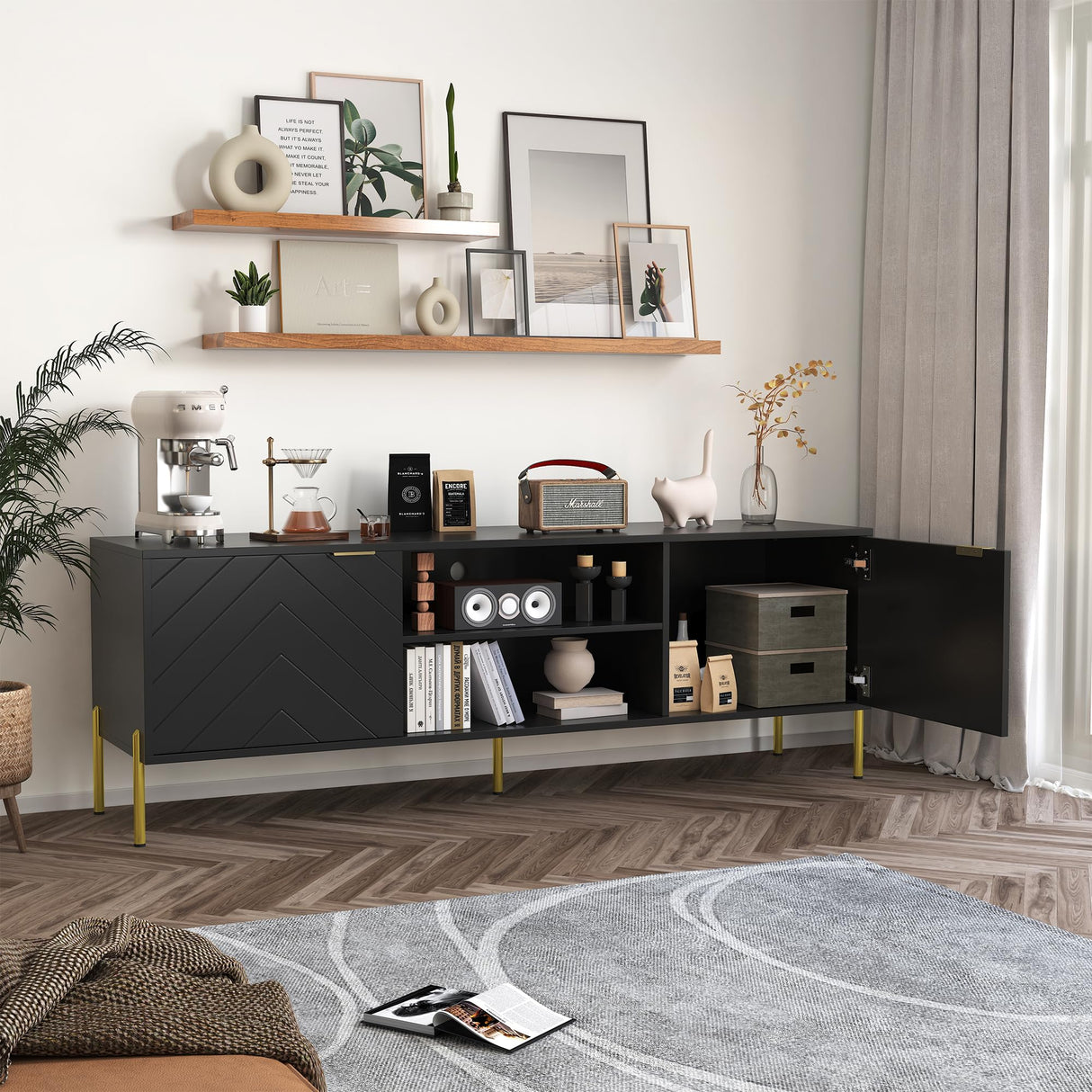 Clihome TV Stand for TVs Up to 70 inches,Modern Media Television Console Table with LED Lights, Entertainment Center with Storage Cabinets for Living Room,59Inch (Black) Clihome