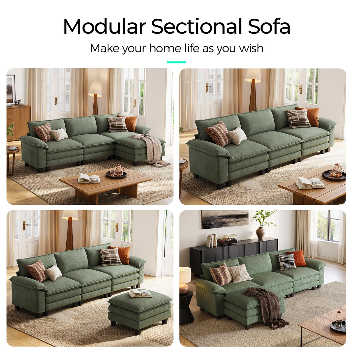 LINSY HOME 123'' Modular Sectional Sofa Green Couch Corduroy Cloud Couches for Living Room, L Shaped Couch with Movable Ottoman, Modern Cloud Sectional Sofas for Bedroom and Apartment, Green LINSY HOME