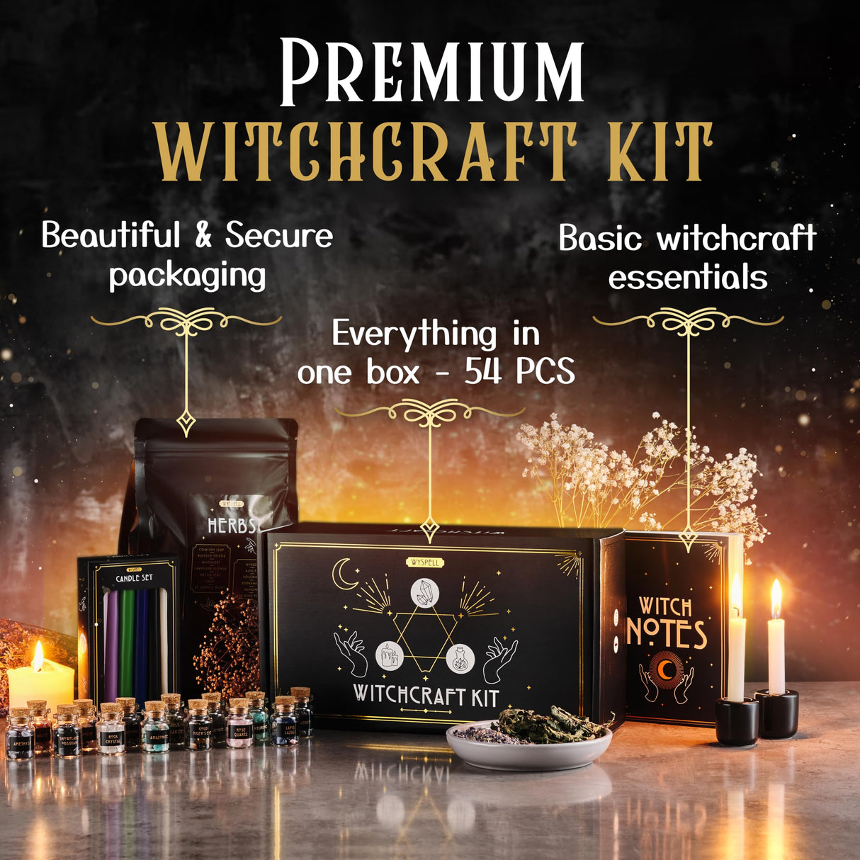 Witchcraft Supplies Kit for Witch Altar 54PCS - Spell Candles for Witches - Crystals Spell Jars for Witches - Herbs for Spells - Beginner Witch Starter Box - Witchcraft Kit Wyspell