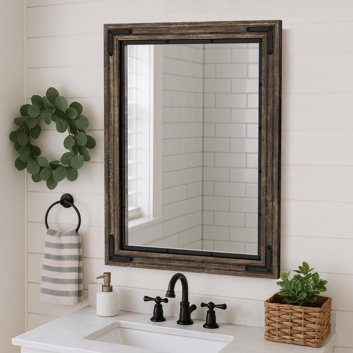 YOSHOOT Farmhouse Bathroom Mirror, Rustic Wood Mirror, Wooden Framed Vanity Mirror, Solid Wood & Handmade, Vertical or Horizontal Hanging for Bathroom Entryway Living Room Bedroom, 32" x 24", Brown YOSHOOT