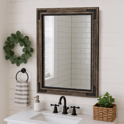 YOSHOOT Farmhouse Bathroom Mirror, Rustic Wood Mirror, Wooden Framed Vanity Mirror, Solid Wood & Handmade, Vertical or Horizontal Hanging for Bathroom Entryway Living Room Bedroom, 32" x 24", Brown