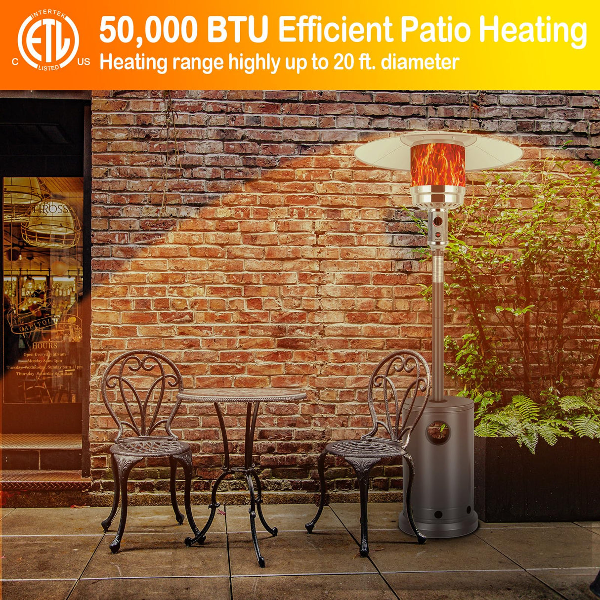 Hykolity 50,000 BTU Patio Heater with Sand Box, Table Design, Double-Layer Stainless Steel Burner, Wheels, Tip-over Protection System, Outdoor Heater for Home and Residential, Brown hykolity