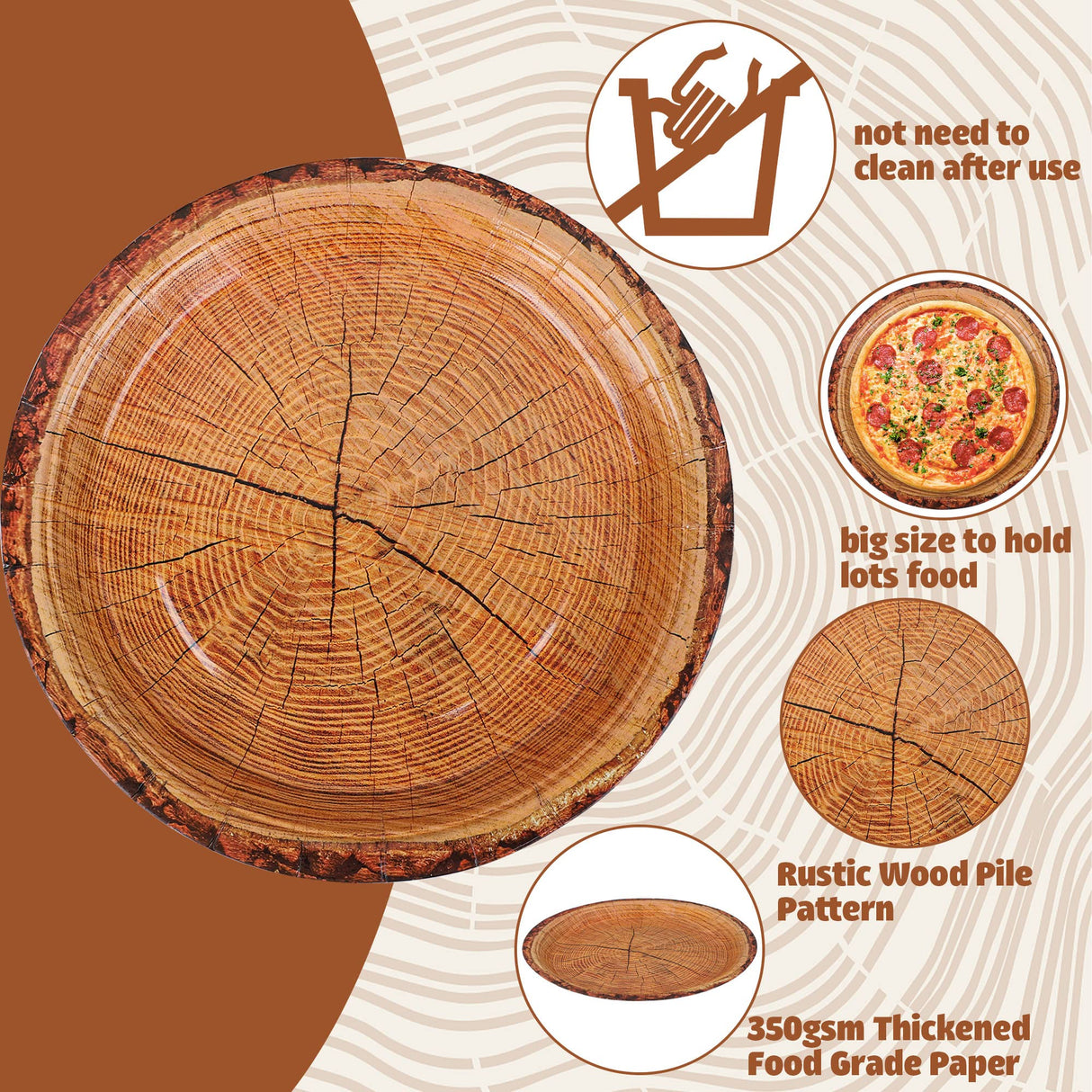 peony man 50 Count Wood Grain Paper Plates 9" Rustic Wood Slice Paper Plates Disposable Party Dinner Plates Farmhouse Round Paper Plate for Dining Table Decor Cut Timber Party Supplies peony man