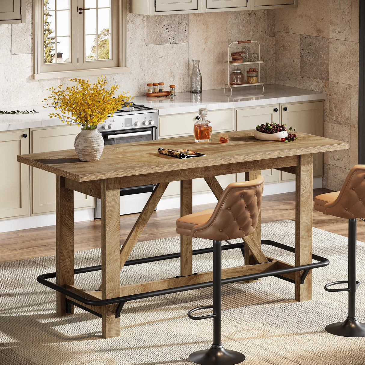 Tribesigns 63" Bar Table, Long Counter Height Pub Dining Table with Footrest, Home Bar Furniture for Bar, Kitchen & Dining Room, Living Room, Brown Tribesigns