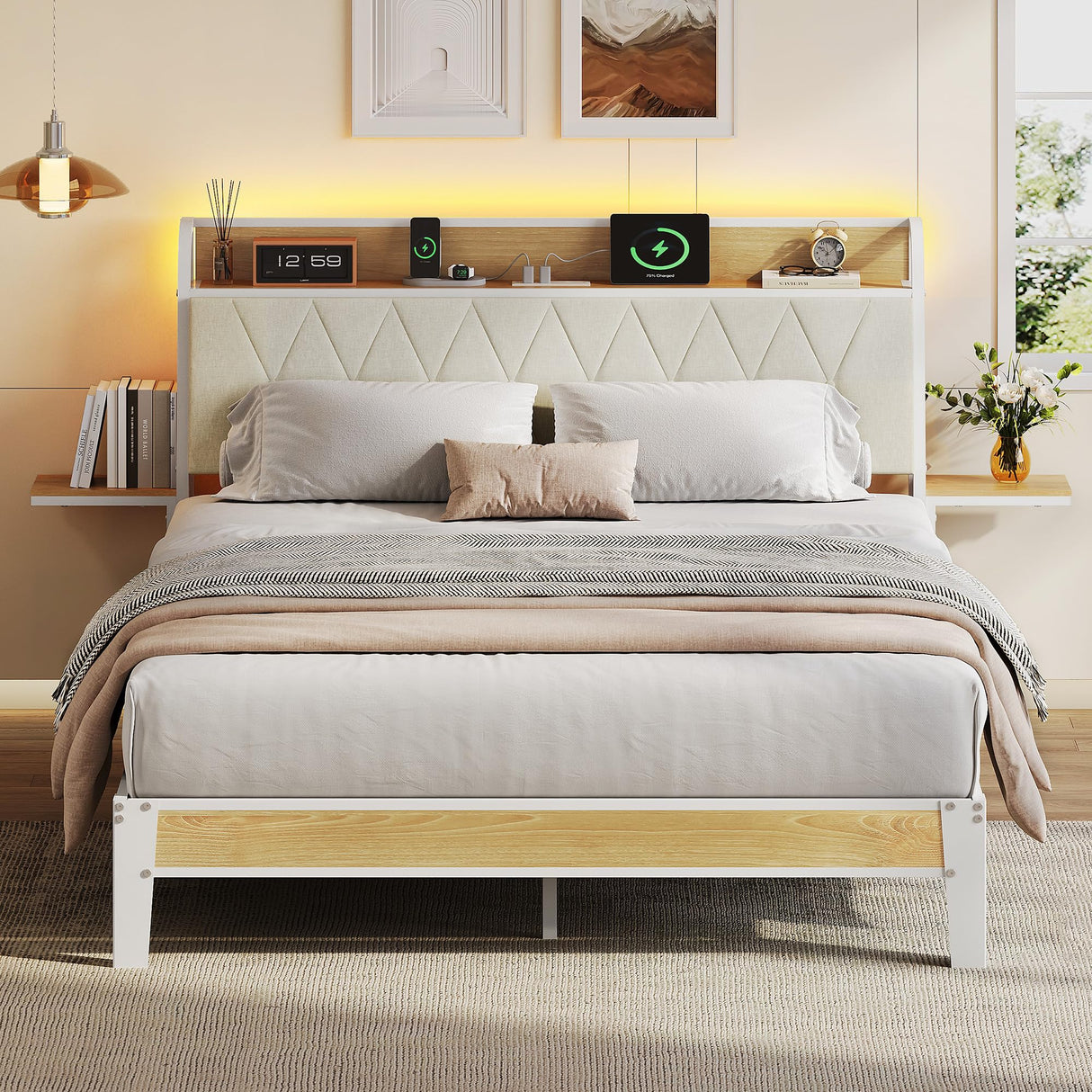 WLIVE Queen Size Upholstered Bed Frame with 2 Side Shelves, Linen Tufted Storage Headboard with Charging Ports and LED Light, Metal Solid and Stable, No Box Spring Needed, Easy Assembly, Beige WLIVE