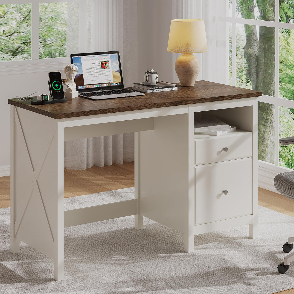 ChooChoo 47" Farmhouse Desk with Drawers, Wood Home Office Computer Desk with Charging Station, 2 Storage Drawers and Open Shelf, Writing Study Table Vanity Desk for Bedroom ChooChoo