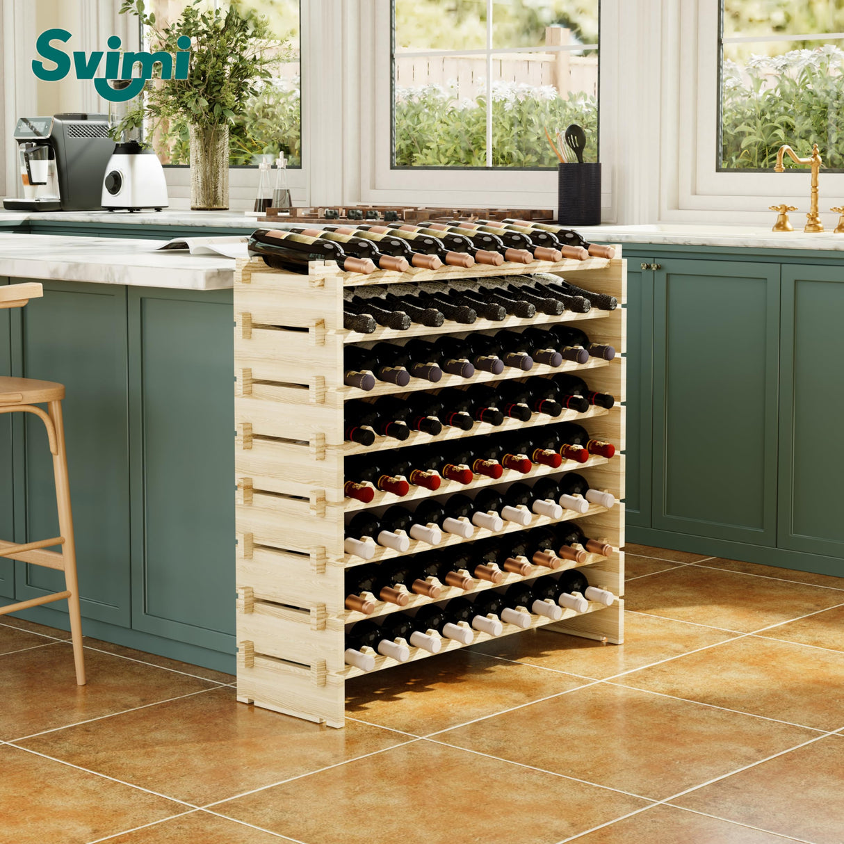 Modular Real Wood Wine Storage Racks - Stackable Wine Rack, Free Standing Floor Wooden Wine Rack, Premium Wine Storage Rack Elegant Display and Organizing for Kitchen and Cellar 8 Tier 72 Bottles Svimi