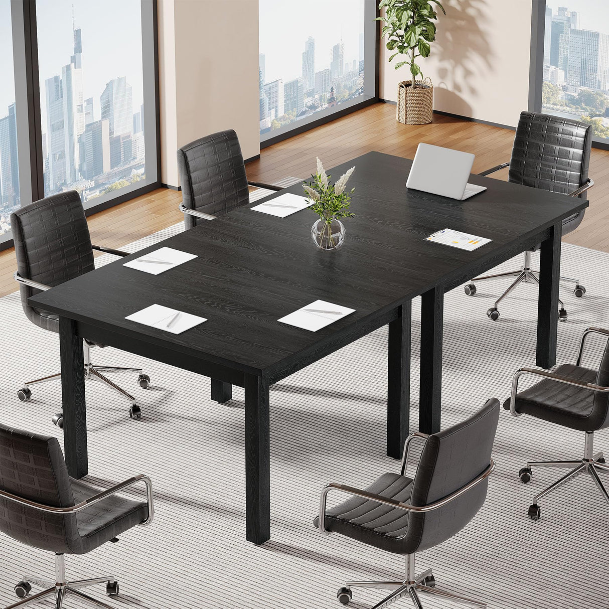 Tribesigns 6.57 ft Conference Table for 6 People, Wooden Small Square Meeting Seminar Table, Modern Boardroom Desk with Solid Wood Legs and Thickened Tabletop for Office Conference Room (2, Black) Tribesigns