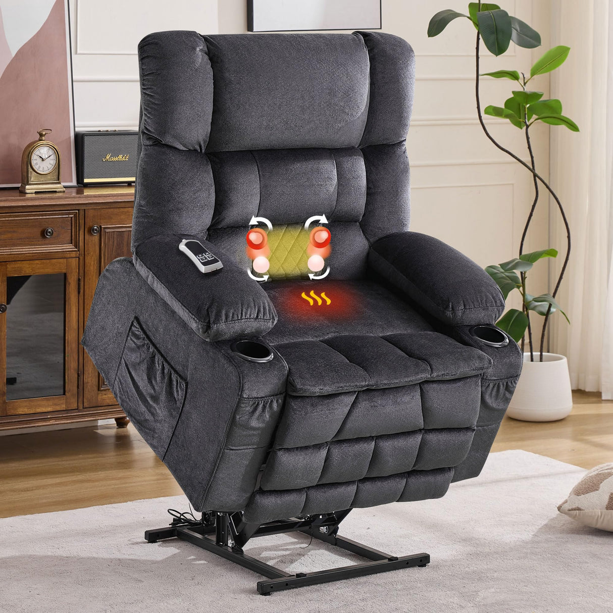 Dual Motor Power Lift Recliner Chair with Heat and Massage, Massage Recliner Chair for Elderly Seniors with Side Pocket and USB Charge Port, Cup Holders, Lay Flat (Grey) Anwick