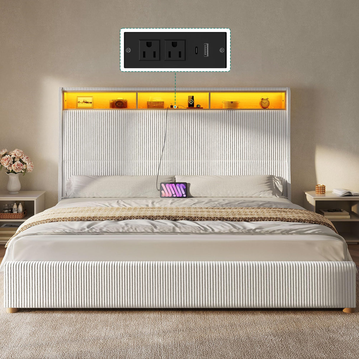 YITAHOME King Size Corduroy Upholstered Platform Bed Frame with Charging Station and RGB LED Lights, 53’’ Tall Storage Wingback Headboard, No Box Spring Needed, Easy Assembly, Noise-Free, White YITAHOME