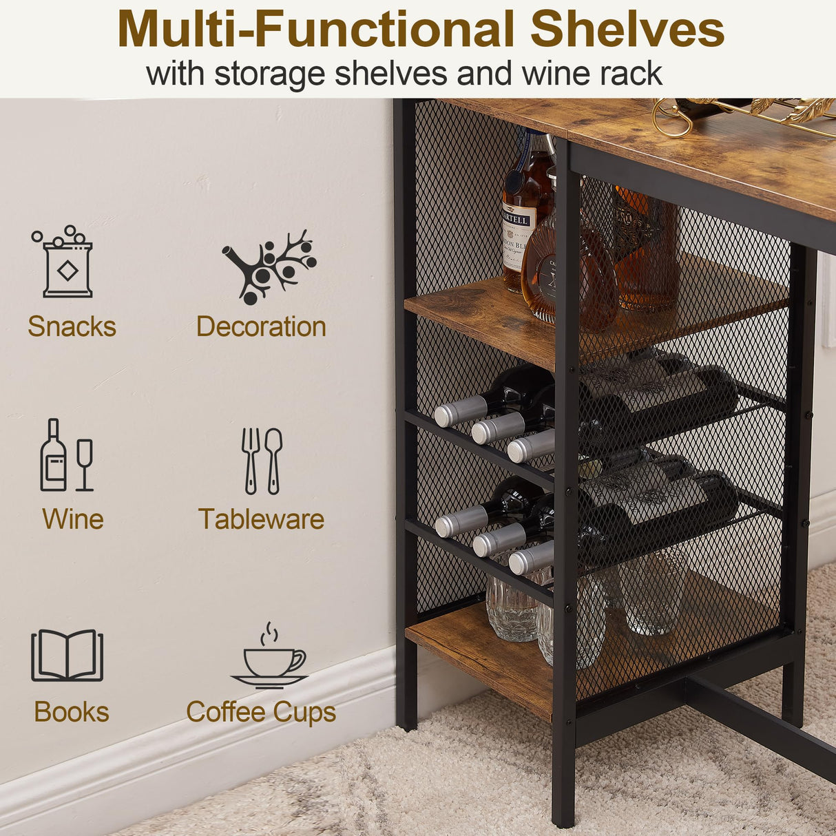 VECELO Bar Table and Chairs Set for 2, 3-Piece Dining Set with Storage Shelves, Cup Holder & Wine Rack, PU Leather Cushion Stools, for Kitchen Small Space, Brown VECELO