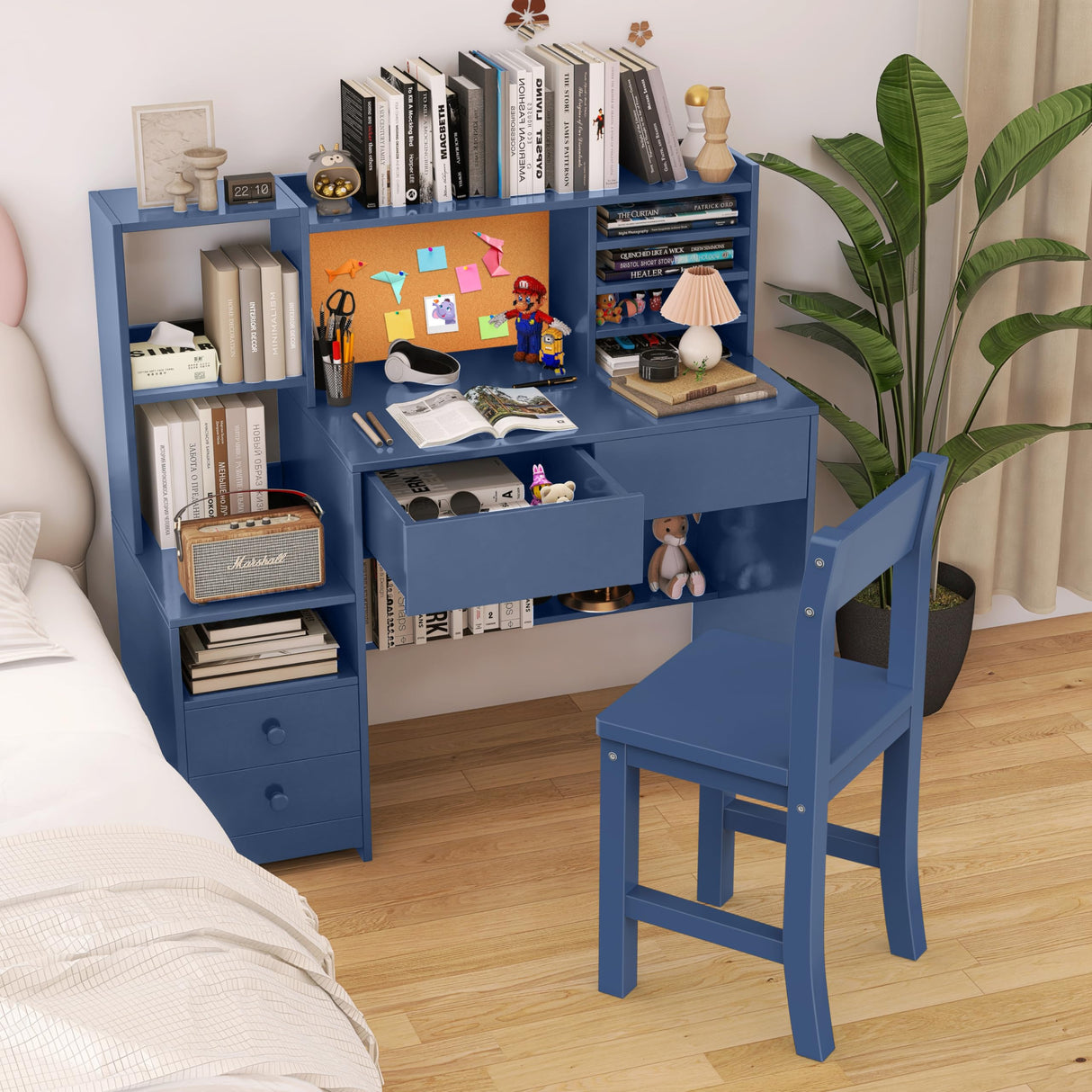 RUPOLX Blue Kids Desk and Chair Set for 5-12 Year Old, Childrens Computer Desk with 4 Drawers, Kids Study Table with Storage Shelf-4Og-40 RUPOLX