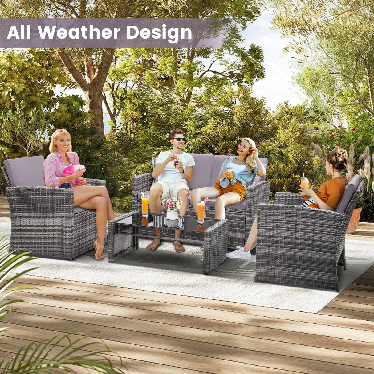 KROFEM 4 Pieces Patio Conversation Set, Outside Rattan Sectional Sofa, Cushioned Furniture Set, Wicker Sofa Ideal for Garden, Porch, Backyard, Grey Color Rattan and Light Grey Cushion KROFEM