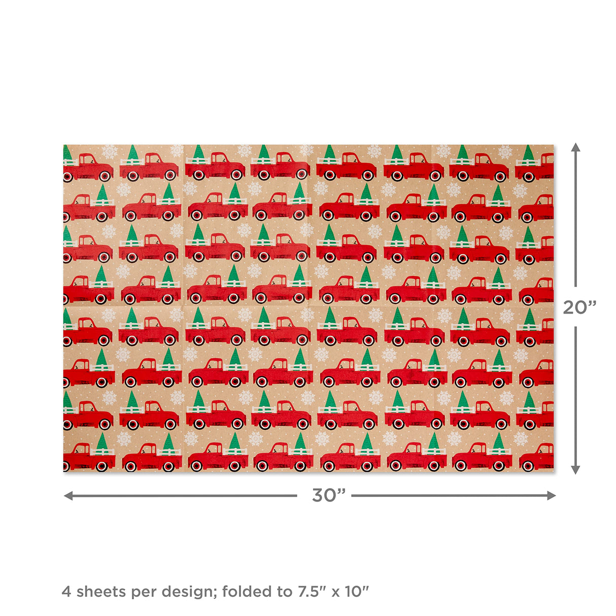 Hallmark Christmas Flat Wrapping Paper Sheets - Recyclable Kraft Gift Wrap Paper (12 Folded Sheets with Sticker Seals) Rustic Red Trucks, White Snowflakes, Merry Christmas Lettering Hallmark