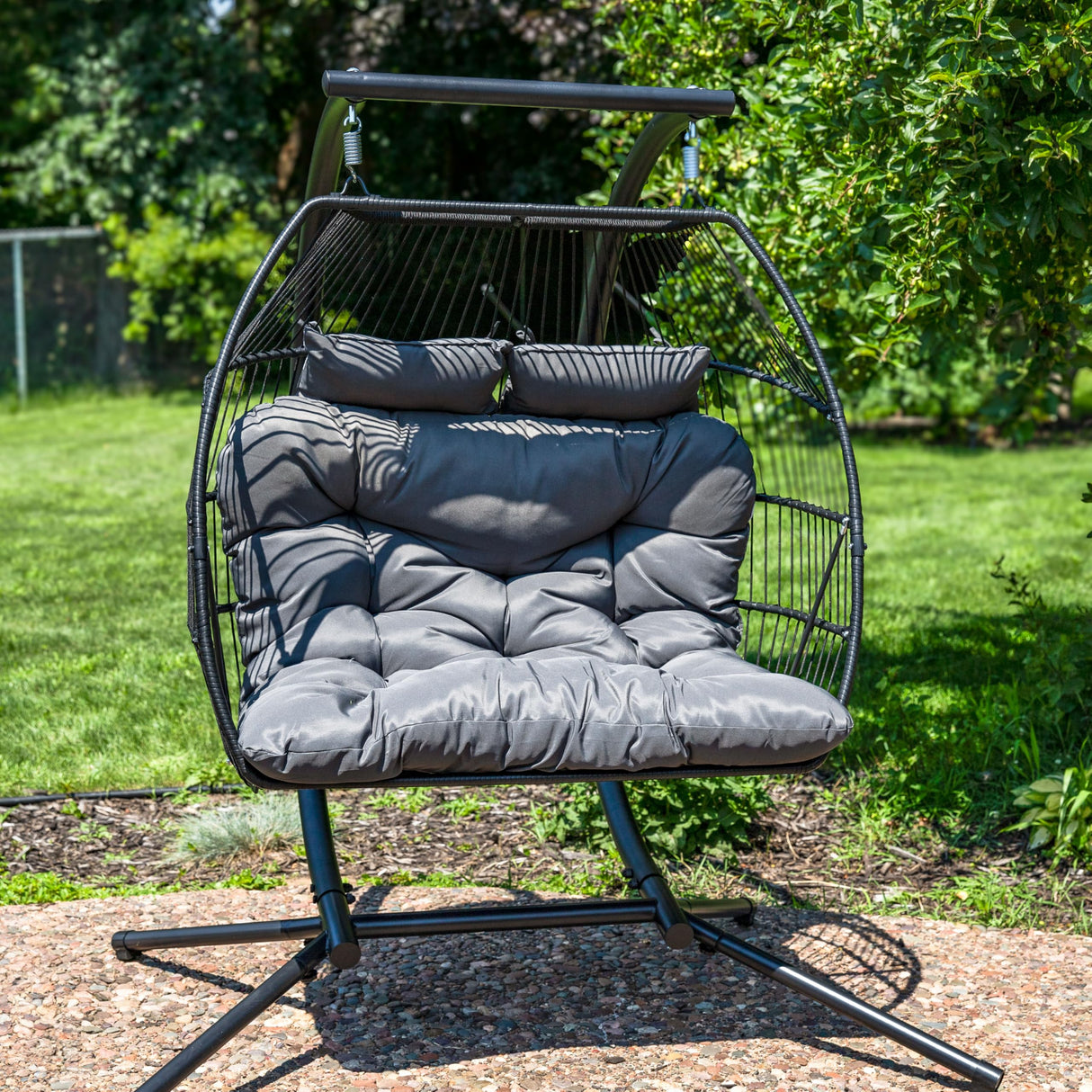 Sunnydaze Andrei Double Hanging Egg Chair with Cushion - 2-Person Outdoor Egg Chair - Includes Polyester Cushion - Dark Gray Sunnydaze