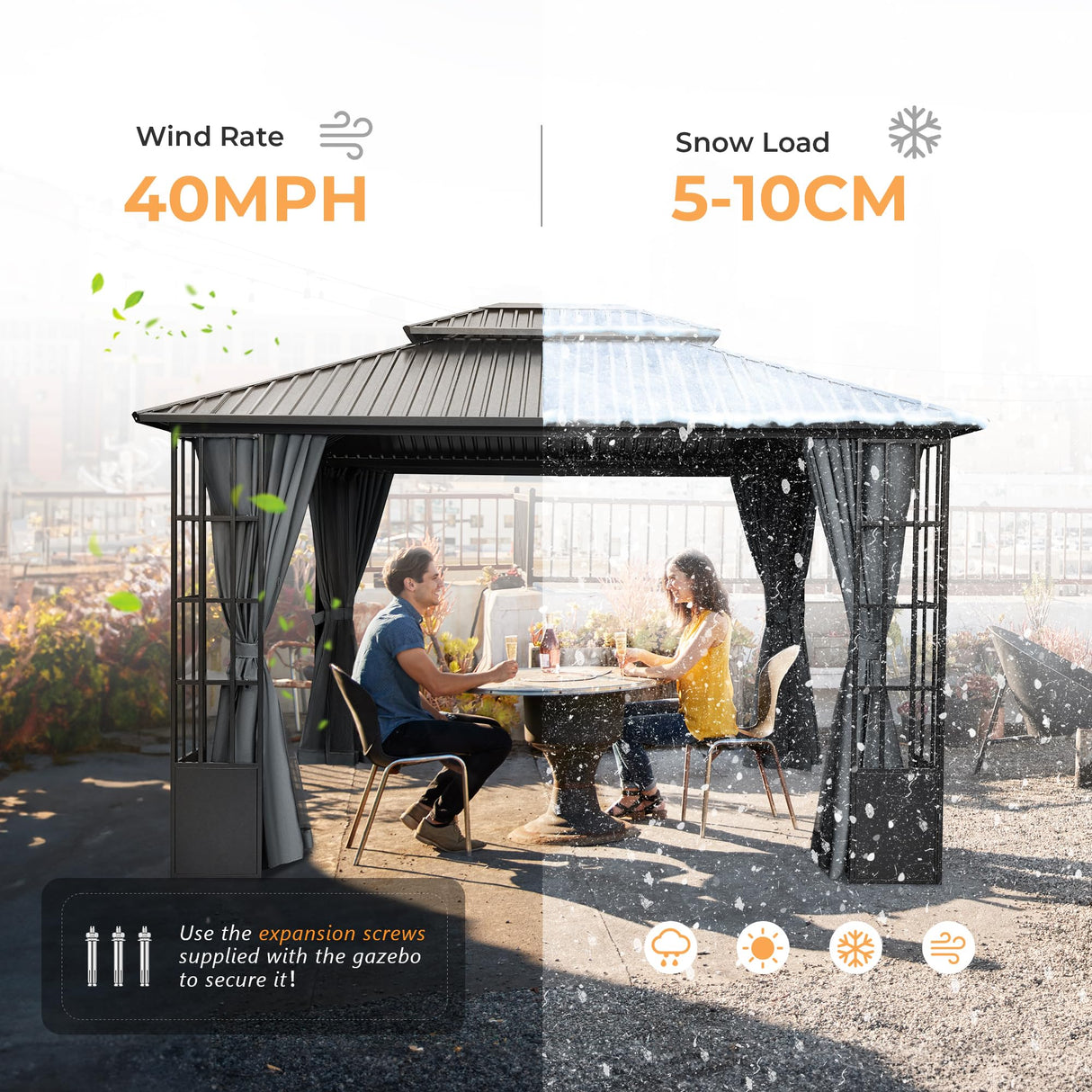 HAPPATIO 10' x 12' Hardtop Gazebo, Outdoor Gazebo with Netting and Curtains, Double Roof Permanent Patio Metal Gazebo Canopy with Storage Shelf for Patio, Deck, Backyard (Gray) HAPPATIO