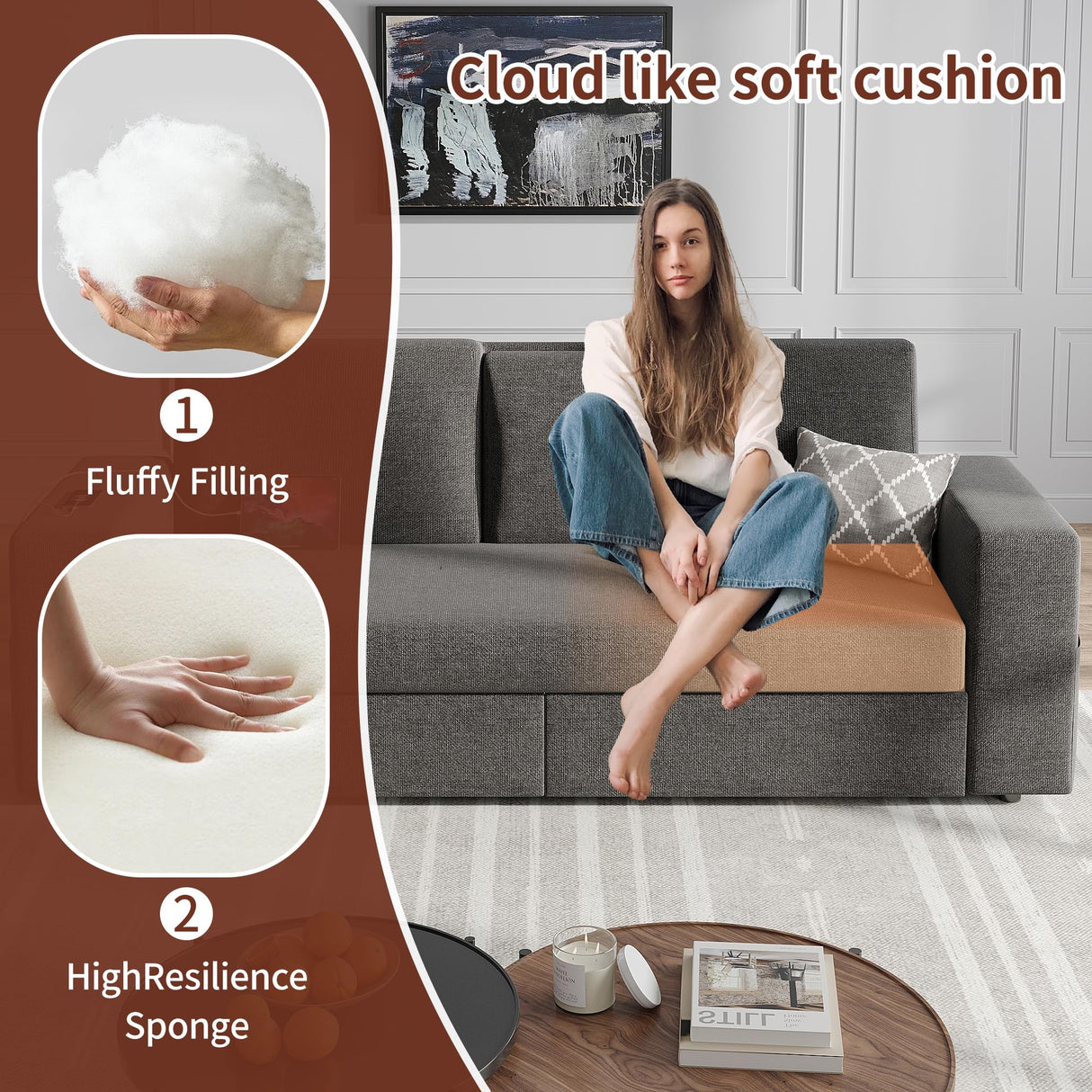 Maupvit 75” Loveseat Sofa with 2 Drawers, USB & Type-C Charging Port, Comfortable Linen Living Room Couch with Small Table Board, Upholstered Small Settee Fits Bedroom, Office, Grey Maupvit