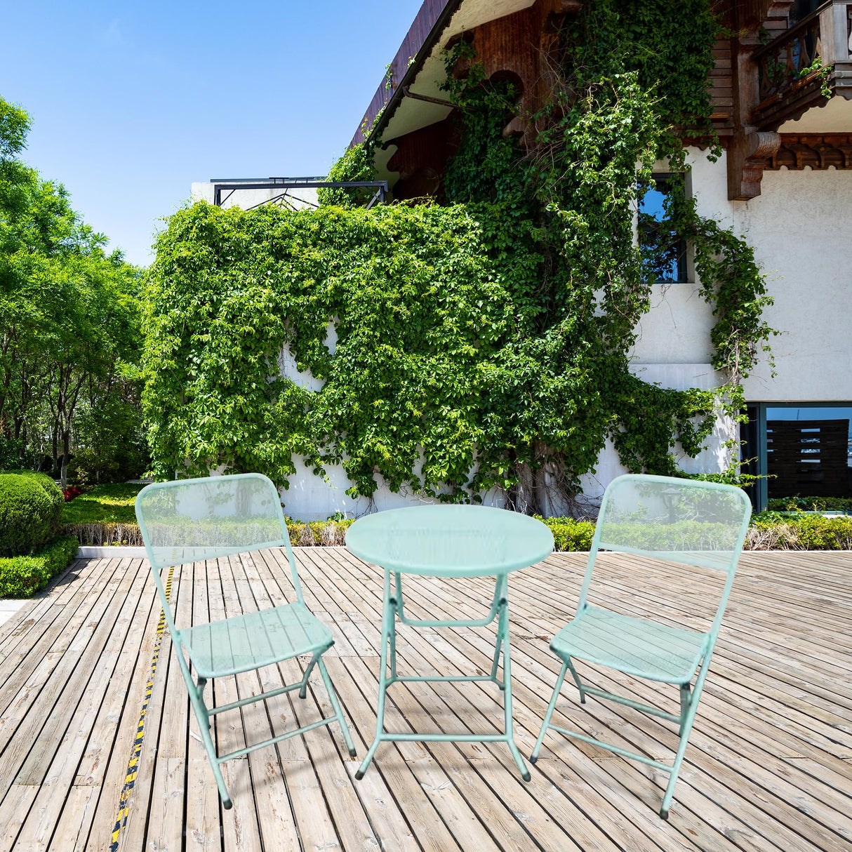 Four Seasons Courtyard Padova Foldable 3 Piece Powder Coated Steel Mesh Outdoor Patio Bistro Dining Set, Includes 1 Table and 2 Chairs, Blue Four Seasons Courtyard