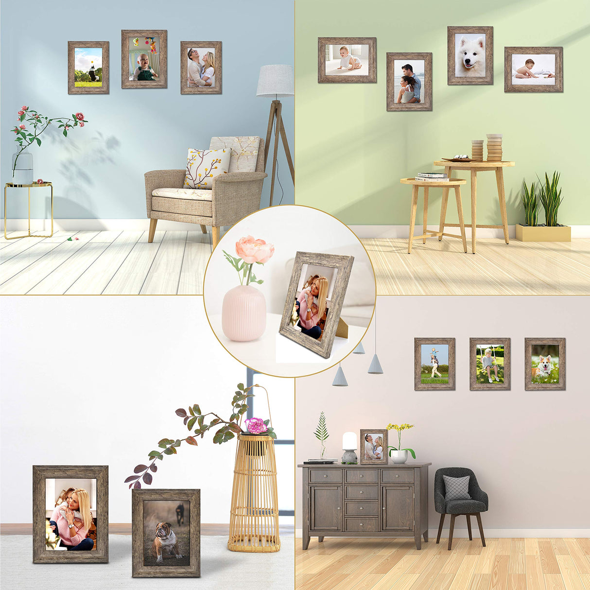 DECANIT 5x7 Picture Frames Rustic Distressed Gray Wood Pattern High Definition Glass for Table Top Display and Wall Mounting Photo Frame,Pack of 4 DECANIT