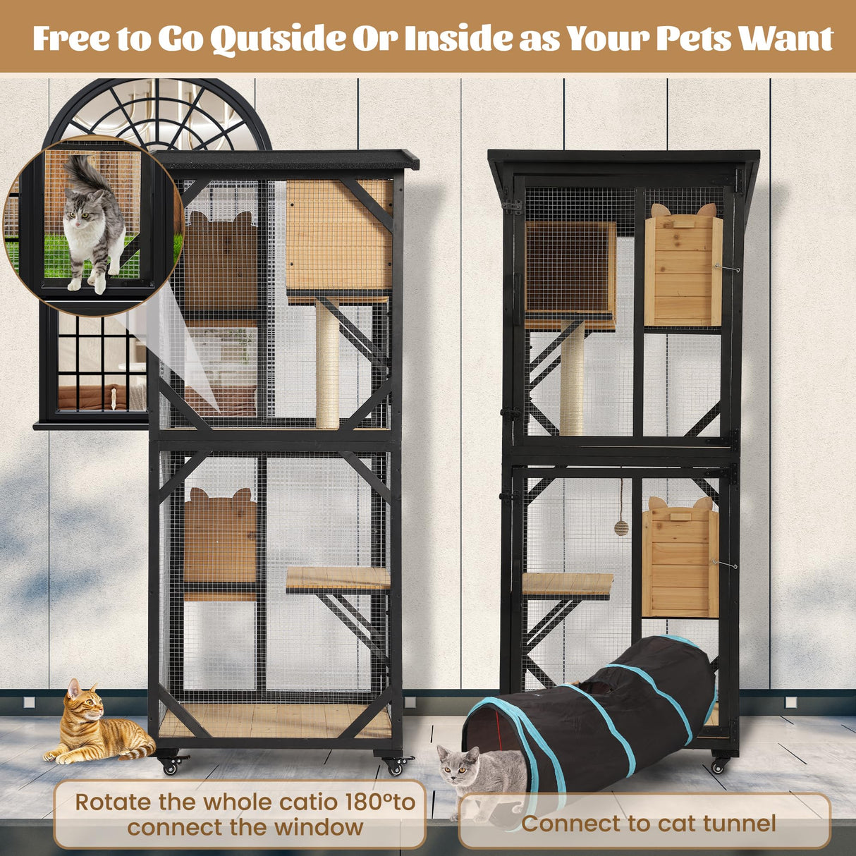 MAGIC UNION 71" Catio Outdoor Cat Enclosure Window Access, 4 Tiers Cats Playpen Catio with Wheels, Resting Box & Waterproof Roof, Indoor Large Cat House Cage with Scratching Post Sisal Ball (Black) MAGIC UNION