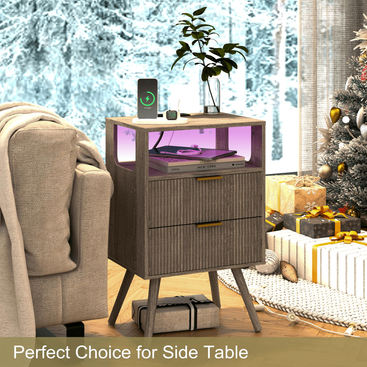 JOONEE Nightstand with Charging Station and LED Lights,Modern Bedside Table with 2 Storage Drawer and Open Wood Shelf, for Bedroom and Small Spaces,Night Stand with Solid Wood Legs,GreyOak JOONEE