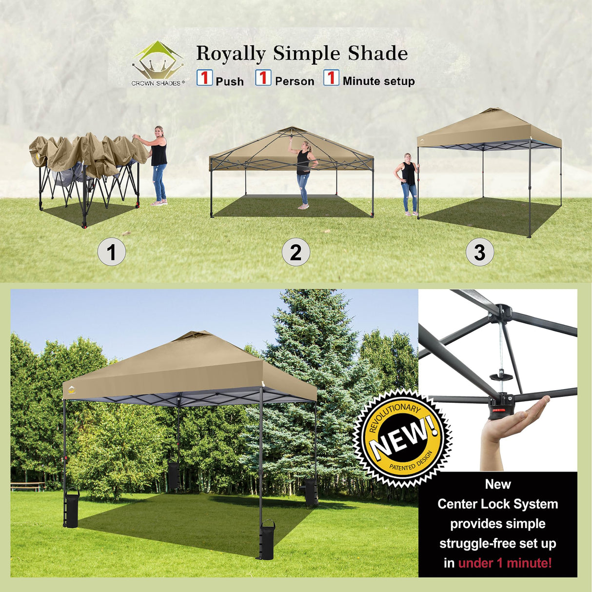 CROWN SHADES 10x10 Pop Up Canopy - Beach Tent with One Push Setup - Outdoor Canopy Tent with STO-N-Go Cover Bag for Events, Parties, Silver Coated Top, 3 Height & 4 Sand Bags,Khaki CROWN SHADES