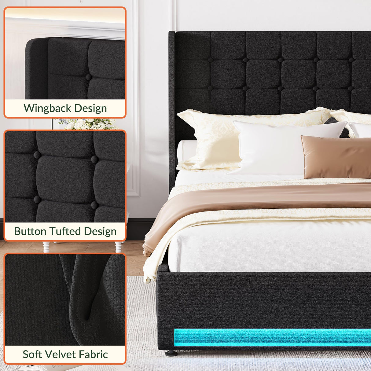 LARMACE King Size Bed Frame with Storage Drawers and Wingback Headboard Velvet Upholstered Platform Bed Frame Tufted Beds with Led Lights, Heavy Duty, No Box Spring Needed, Easy Assembly, Black LARMACE