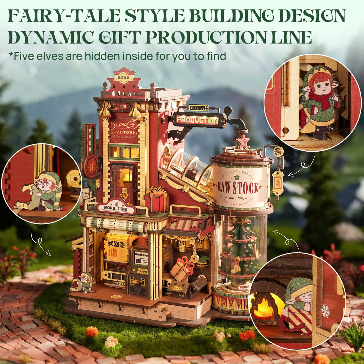 ROKR 3D Puzzle for Adults Christmas Style Dream Gift Factory Wooden Model Kit Luminous Factory DIY Dollhouse Kit Building with Music, Lights and 5 Elves for Teens & Kids ROKR