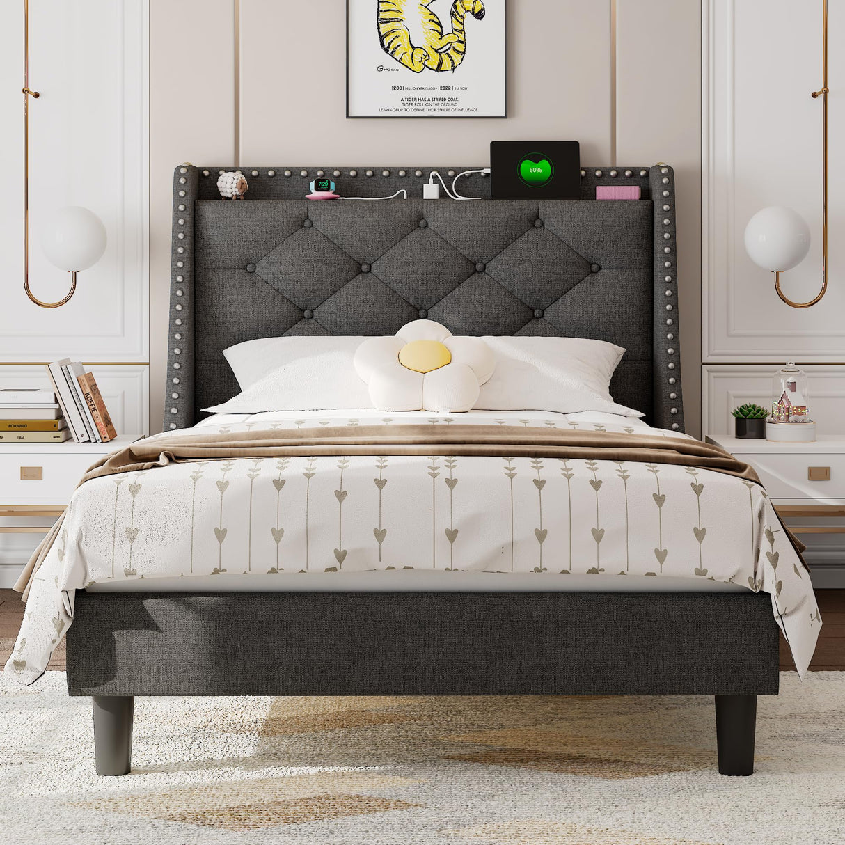 Feonase Twin Bed Frames with Luxury Wingback and Fast Charging Station,Twin Size Upholstered Button Tufted Storage Headboard Platform Bed,Sturdy Wooden Slats Support,Noise-Free,Easy Assembly,Dark Gray Feonase