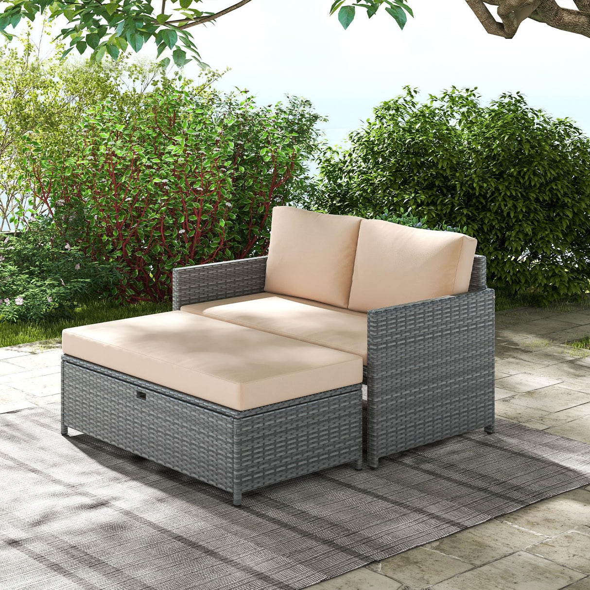 Tangkula Outdoor Rattan Daybed, Wicker Loveseat & 31 Gallon Storage Ottoman w/Soft Cushions, Space-Saving 2-Person Sun Lounger Daybed for Backyard, Porch (Beige) Tangkula