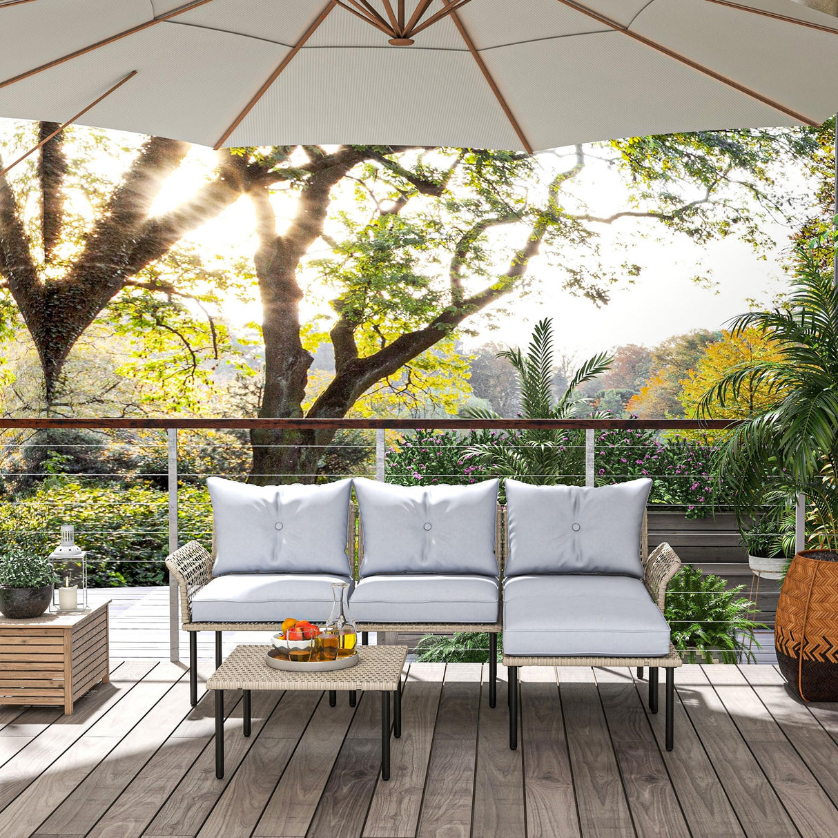 Outsunny 5 Piece Patio Furniture Set, Outdoor Conversation Set with L-Shaped Sofa, Cushions, for Backyard, Lawn and Pool, Light Gray Outsunny