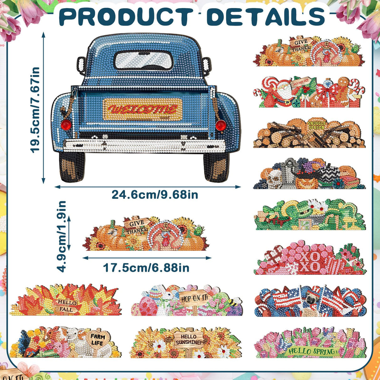 Menkxi 13 Pcs Seasonal Interchangeable Diamond Art Fall Thanksgiving Diamond Art Christmas Painting Kits Hanging Sign Seasonal Interchangeable Truck DIY Craft Decoration for Front Door(Blue) Menkxi