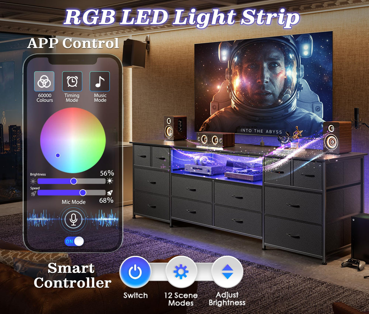 Huuger 63 Inch Dresser TV Stand with LED Lights, Power Outlets and USB-C Port, 12 Fabric Drawer Dresser for Bedroom, Wide Entertainment Center for 65, 70 Inch TV, Open Shelf, Black Huuger