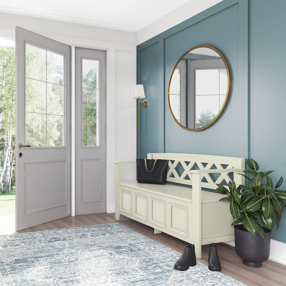 Amherst Solid Wood 48-Inch Entryway Storage Bench in Antique White SIMPLIHOME