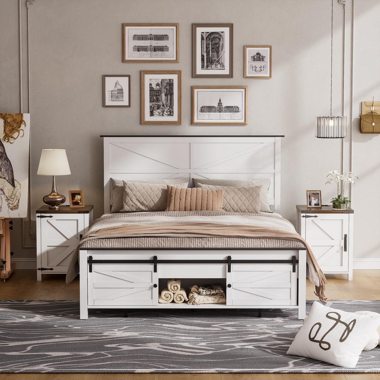 PAKASEPT Queen Size Farmhouse Wood Bed Frame with Sliding Barn Door and Ample Storage PAKASEPT