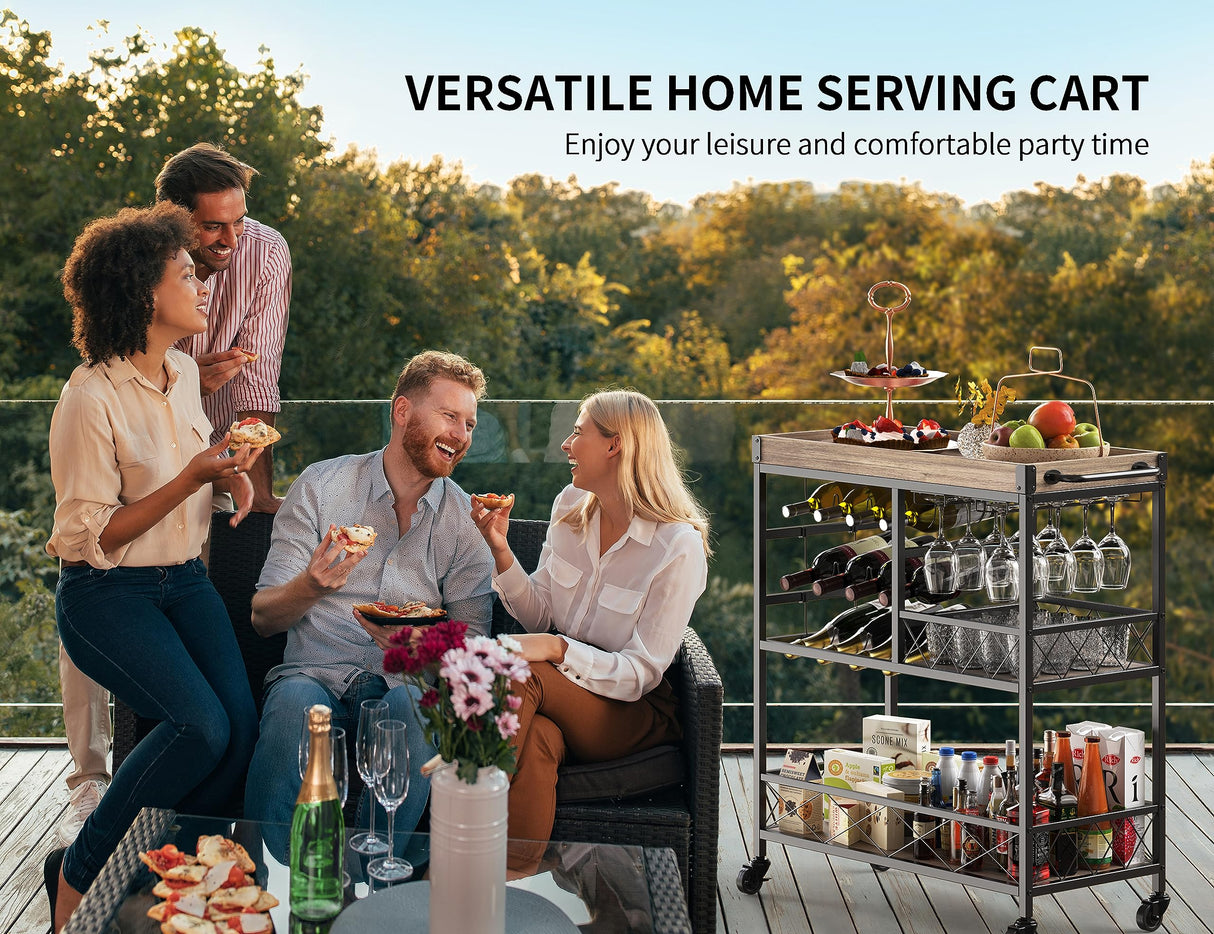 Gizoon 3 Tier 38" Home Bar Serving Cart with Large Storage Space, Mobile Kitchen Storage Trolley with Lockable Wheels, 12 Wine Rack, Glass Holder, Removable Tray (Gray) Gizoon