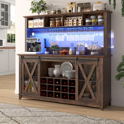63"W Farmhouse Coffee Bar Cabinet with LED Light,Wine Bar Cabinet w/ 4 Tier Storage Hutch,Kitchen Buffet Cabinet w/Sliding Barn Door & 15 Wine and Glass Racks for Kitchen Dining Room(Brown)