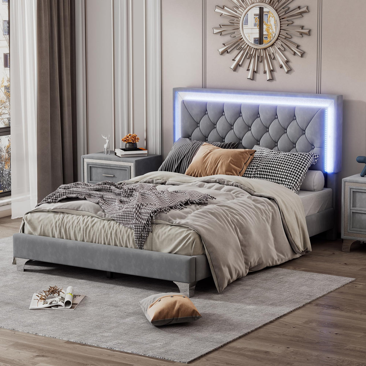 HomSof Modern Grey Velvet Platform Bed Frame with LED Lights and Tufted Headboard HomSof