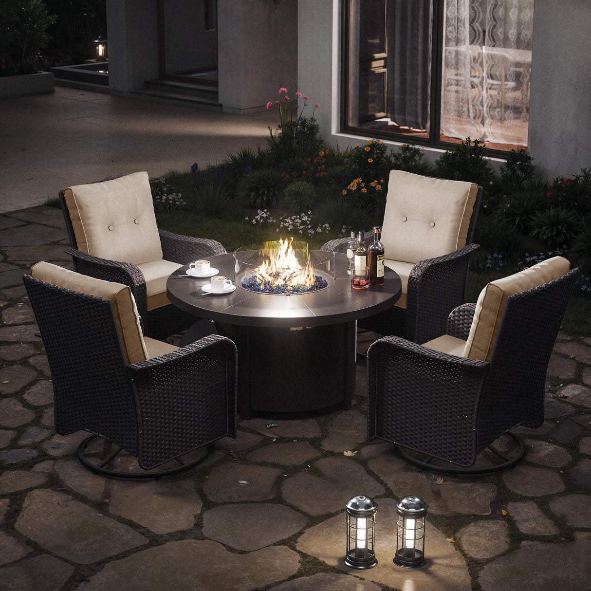 Kurapika 5 Pieces Patio Furniture Set, Rattan Wicker Outdoor Conversation Sets, 4 Woven Rattan Swivel Chairs w/48in Propane Fire Pit Table and Thickened Cushions, Sand Kurapika